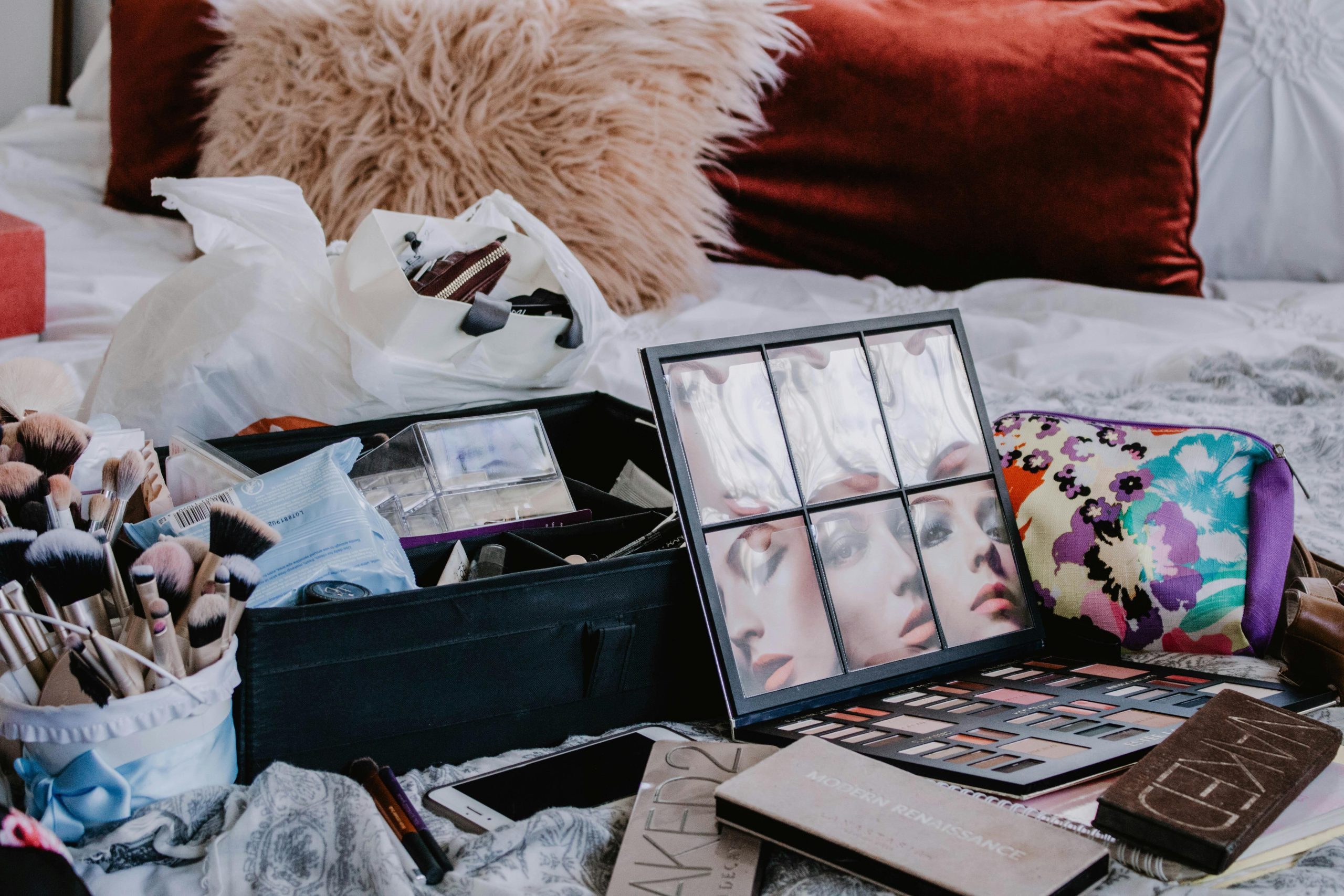 A well-organized kit featuring eco-friendly foundation, blush, and eyeshadow.