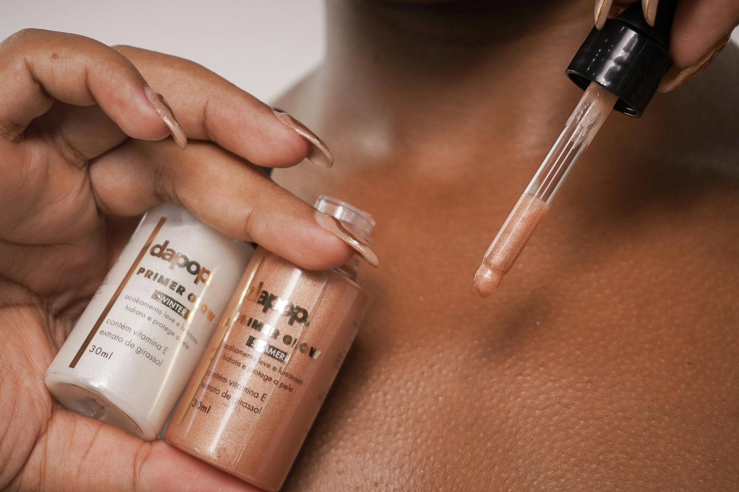 Before and after photos showing smooth, glowing complexion achieved with biodegradable makeup products.