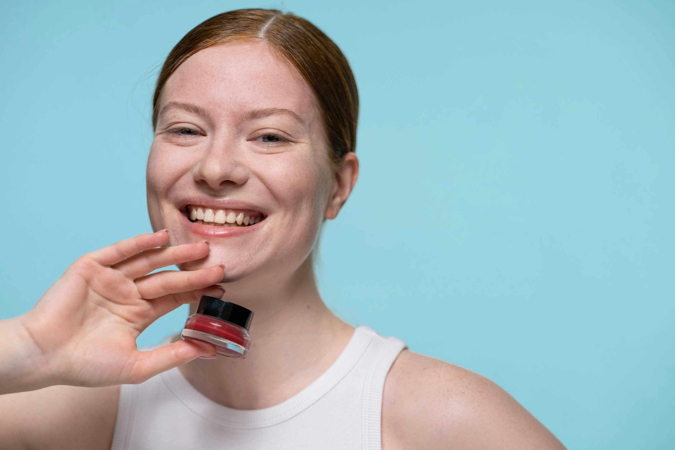Skin-friendly natural makeup products including foundation, blush, and mascara